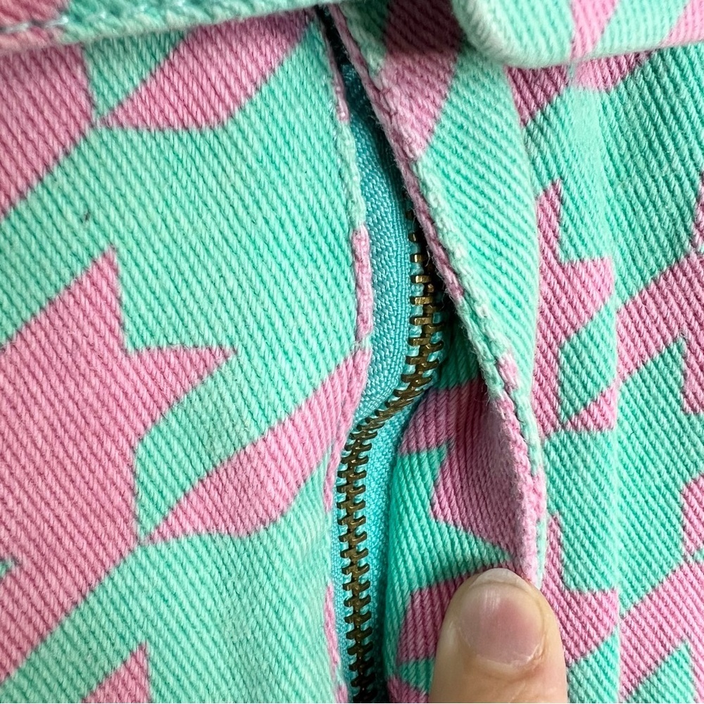 Signature 8 aqua pink houndstooth check belted denim mini skirt M - Picture 6 of 11